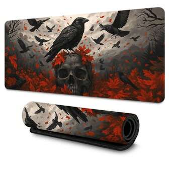 1pc Gothic Raven & Skull Mouse Mat | Dark Autumn Red Leaves & Mystic Crow Motifs | Large Size, Non-Slip Rubber Base, Smooth Precision Surface | Ideal For Gaming, Office & Dark-Inspired Desk Decor | Perfect Gift For Gothic Style Lovers, Dark Aesthetic Enthusiasts & Artistic Gamers