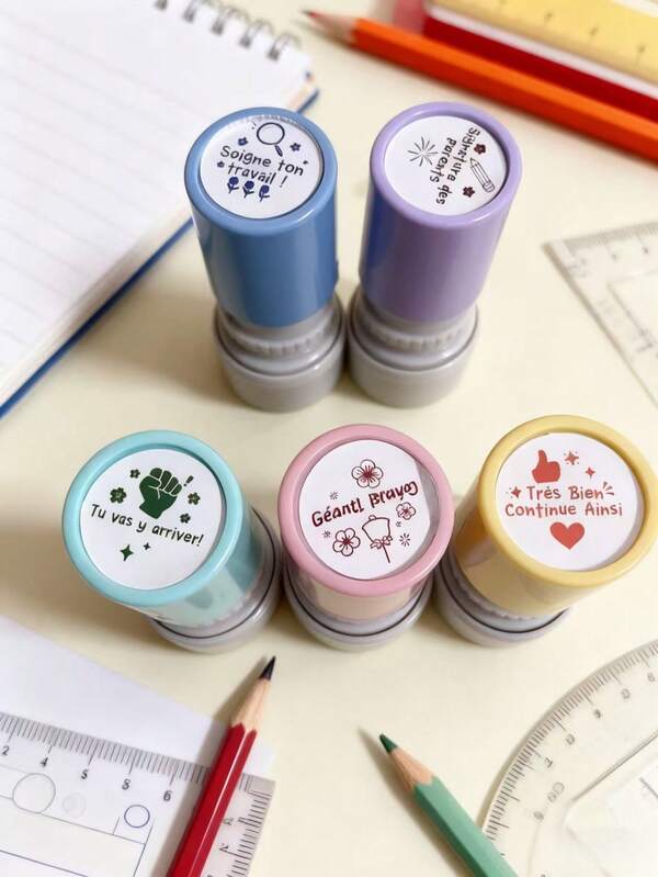 Morandi French Bell Stamp, Automatic Ink Release, Colorful, Encouragement Marking, Homework, - Durable ABS Material - Suitable For Use In Schools And Offices - Arabic Language, Ideal For Grading Homework, Parent Signatures, Motivating Students, And Rewarding Good Behavior, Perfect For The Back-To-School Season.