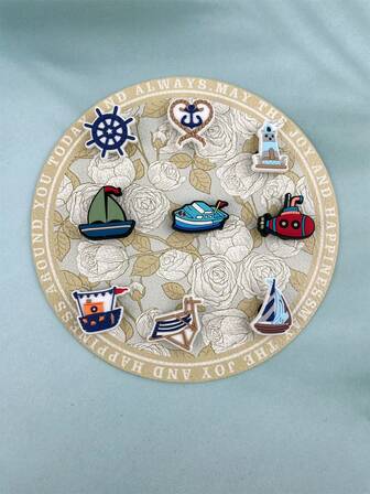 1 Set Of 9pcs Nautical Sailboat & Rudder Cartoon Pattern Sandal Charms, DIY Slippers Decorative Accessories, Suitable For Holiday Gifts
