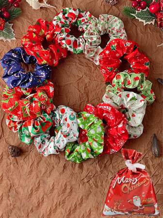 13pcs Christmas Print Colorful Scrunchie Set, Includes 1pc Christmas Gift Drawstring Pouch, 12pcs Christmas Style Scrunchies Hair Ties Hair Scrunchies, Girls Party Hair Accessories Gift Set ,Scrunchy Hair Tie