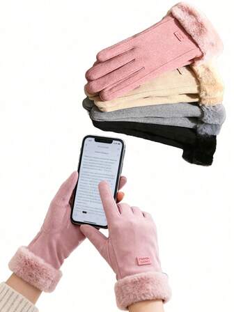 一双纯色休闲优雅加厚绒面内衬防风保暖女士手套，触屏兼容，适合秋冬季日常使用