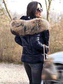 Fashionable Glossy Faux Fur Collar Hooded Padded Coat, Zip-Up Padded Coat - Dark Blue - View 5