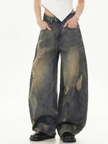 1条复古做旧拼接筒腿牛仔裤，休闲宽松嘻哈风男士牛仔裤