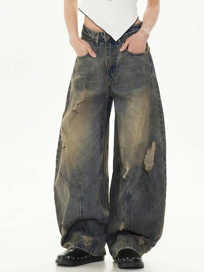 1pc Men Justice Brother Design Distressed Patchwork Straight Leg Jeans, Vintage American Style Loose Casual Hiphop Trousers