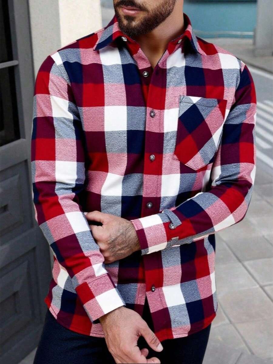 Camisa manga larga para hombre, con diseño clásico de cuadros muchos colores, corte moderno y cómodo. Ideal para otoño e invierno, combina con jeans o pantalón, perfecta para uso diario, oficina o reuniones informales con estilo. - Vino - Ver 1
