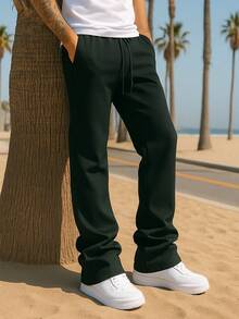 Mens Casual Solid Stacked Track Pants Zipper Pockets Polyester Spandex - 黑色 - 查看 1