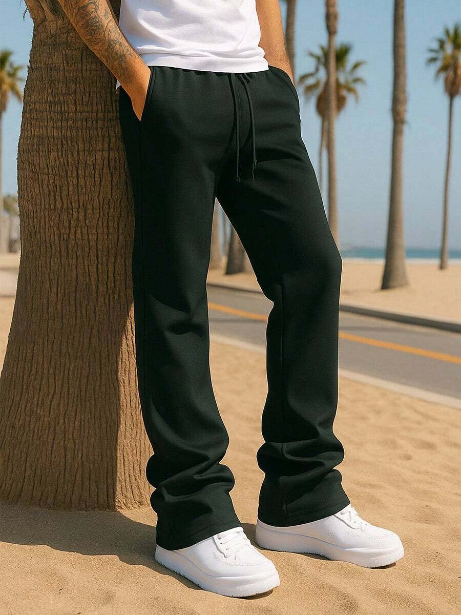 Mens Casual Solid Stacked Track Pants Zipper Pockets Polyester Spandex - 黑色 - 查看 1