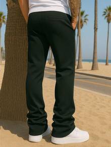 Mens Casual Solid Stacked Track Pants Zipper Pockets Polyester Spandex - 黑色 - 查看 2