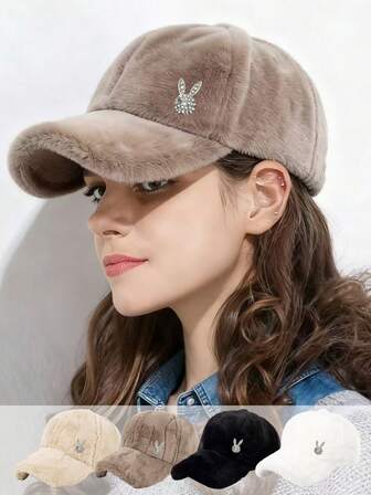 1pc Women's High-Quality Solid Color Plush Embellished Cute Rabbit Rhinestone Pattern Fashion Baseball Cap/Baseball Cap, Stylish And Versatile, Suitable For Outings, Shopping, And Photo Shoots, Autumn/Winter
