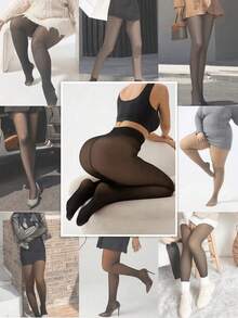 Fleece Lined Thermal Tights For Women, Ideal For Winter, Sime-Sheer Warm Leggings With A Variety Of Colors, Thick High-Waist & High-Stretch Warm Pantyhose, Soft Comfort Breathable For Skirts, Boots & Heels - 黑色半透明皮膚 - 查看 7