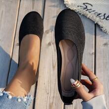 Round Toe Women Flat Shoes, Knitted Casual Ballet Flats, Breathable Summer Slip-On Loafers, Spring Comfy Versatile Flat Shoes, Bohemian Style In Black, White, Olive Green, Beige, Sky Blue, Light Blue, Khaki, Light Brown, Navy Blue, Yellow, Suitable For EU Large Size, Summer Lightweight Mesh Casual Walking Shoes, Solid Color Slouchy Shoes - Black - View 10
