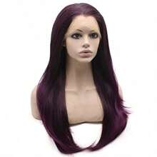 Mxangel Long Straight Celebrity Half Hand Tied Synthetic Lace Front Natural Two Tone Brown Purple Ombre Wig - como en la foto - Ver 2