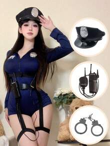 Costume Set, Includes Cap, Glasses, Handcuffs, Baton, Suitable For Cosplay And Parties - Black - View 8