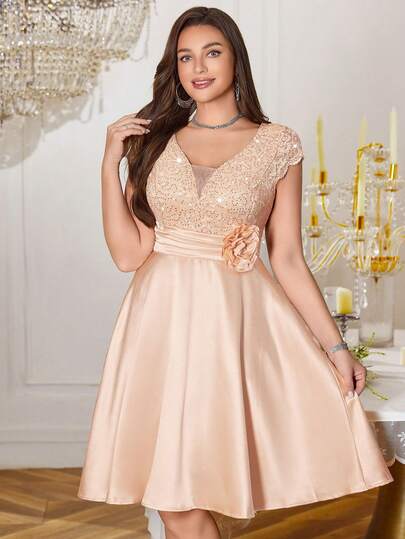 Plus Deep V-Neck Sequin Floral Lace 3D Flower Ruched Waist Contrast Satin Elegant Prom Cocktail Party Swing Dress, Fall Dresses, Wedding Guest Dress, Homecoming Dress, For Birthday, Tea Party, Graduation