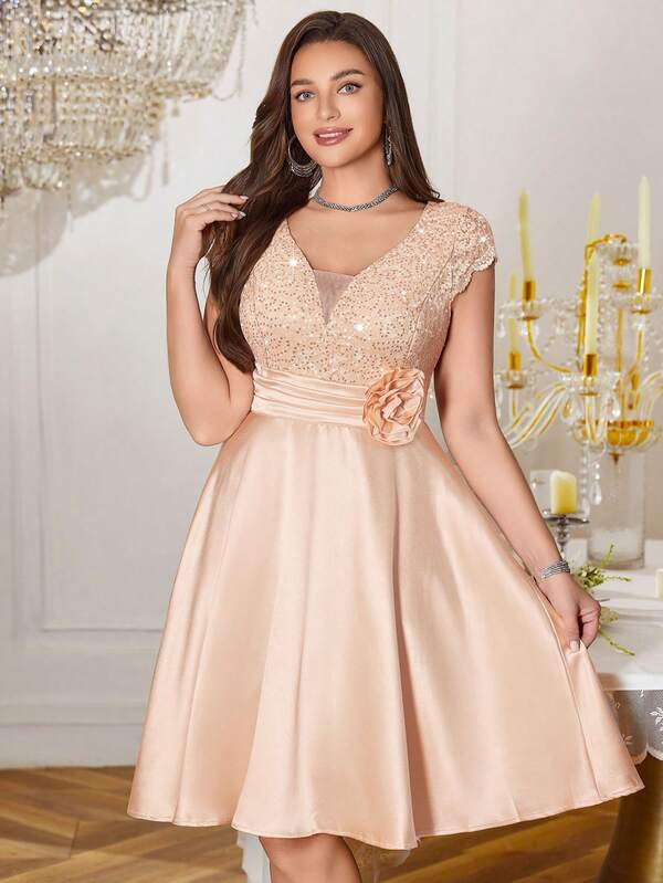 Plus Deep V-Neck Sequin Floral Lace 3D Flower Ruched Waist Contrast Satin Elegant Prom Cocktail Party Swing Dress, Fall Dresses, Wedding Guest Dress, Homecoming Dress, For Birthday, Tea Party, Graduation