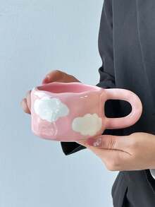 1pc Fresh Ceramic Coffee Cup & Saucer Set, Large Capacity Minimalist Blue Sky White Cloud Hand-Painted Ceramic Cup With Coaster, Vintage Style Coffee/Afternoon Tea Tableware, Suitable For Spring Breakfast/Brunch And Gathering With Friends, Women's Coffee Cup, Commercial Use Or Gift