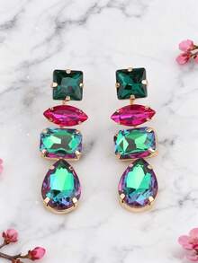 1 par de nuevos pendientes colgantes de aleación de cobre con cadena conectada, soldada, con garra geométrica y cristal de imitación, pendientes de mujer al por mayor - Estilo 1 - Ver 7