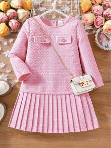 Girls' Elegant Solid Color Spring/Autumn Dress, Girls' Solid Color Back Zipper Long Sleeve Patchwork Pleated Skirt Dress, Gentle Lady Style, Comfortable & Versatile Daily Wear, Children Clothing - 粉色 - 查看 1