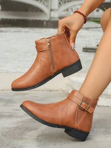 بوت قصيرة جلد بني عتيق، بوت تشيلسي للنساء ذات سحاب جانبي وكعب منخفض، بوت كاحل مريحة وملائمة، بطراز بريطاني