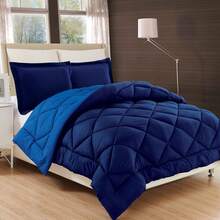 Elegant Comfort All Season Ultra Soft 3pcs Reversible Diamond Stitched Comforter Set, Down Alternative Breathable And Comfortable Quilt Luxury Hotel Quality 3 Piece Full/Queen, King/California King And Twin/Twin XL Size Bed Includes 1 Comforter And 2 Pillowcases Bedding Set, Christmas Decorations Gifts, Cozy Winter Styles, Holiday Décor - 海軍藍/水綠色 - 查看 3