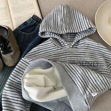 Jungen Kapuzenpullover, neue Winterkollektion 2025, Jungen gestreifter, lässiger, weicher Top mit lockerer Passform - Grau - Übersicht 2