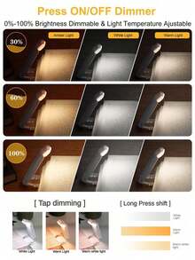 1个可调节亮度LED阅读灯，夹在书上，可灵活90°旋转，315°可弯曲灯臂，便携可折叠，适合在飞机、火车或汽车上阅读书籍、杂志、睡前故事。 - 夾書燈 - 查看 11