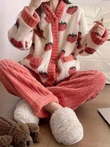 2pcs/Set Coral Fleece Pajama Set, Warm & Cozy Winter Sleepwear, Plush Soft Loungewear, Two Pieces Set Outfits, Fall Winter Clothes