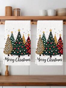 2pcs Christmas Tree Printed Kitchen Towels, Polyester Hand Towels With Christmas Pattern, Super Soft Woven Dishcloths, Machine Washable, Ideal For Restaurant, Kitchen, Christmas Holiday Decoration And Gifting - Multicolor - View 1
