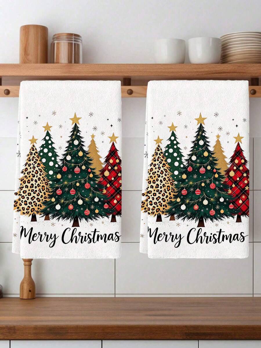2pcs Christmas Tree Printed Kitchen Towels, Polyester Hand Towels With Christmas Pattern, Super Soft Woven Dishcloths, Machine Washable, Ideal For Restaurant, Kitchen, Christmas Holiday Decoration And Gifting - Multicolor - View 1