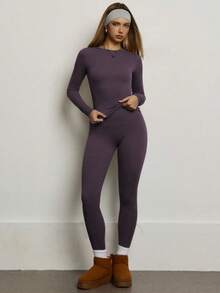 Bộ đồ thể thao tay dài co giãn liền mạch màu trơn PinkTip dành cho nữ, quần dài nâng mông, ôm vừa vặn, mềm mại, phù hợp cho các hoạt động thường ngày, tập thể dục, chạy bộ, yoga, pilates - Màu tím hoa cà - Xem 6