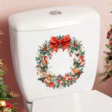 1 Stück Festlicher Weihnachtskranz Wandaufkleber - Abnehmbarer Kiefernzweig & Beeren Aufkleber mit rotem Geschenk, perfekt für Tür, Wand, Fenster oder Kühlschrankdekoration, ideal für Feierlichkeiten, Weihnachtsdekorationen