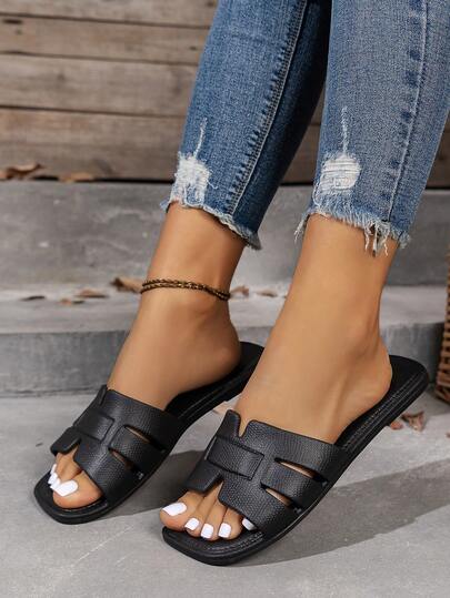 Teenagers' Fashion Flat Sandals, Single-Letter Slippers, Lightweight Waterproof Non-Slip Shower House Slippers, Comfortable Outdoor Beach Sandals For Girl