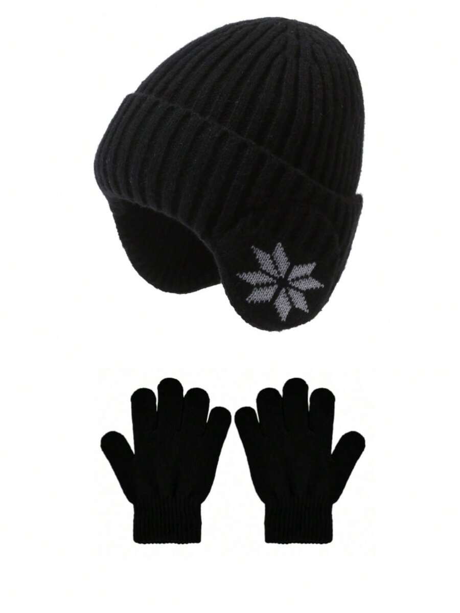 2 件套儿童冬季针织帽和手套套装，男童保暖护耳帽 - 1套 - 查看 1