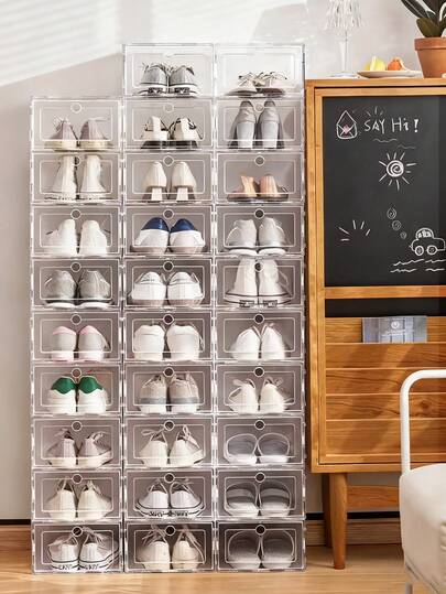 6/12个装防水透明塑料鞋盒 - 多功能可堆叠长方形运动鞋收纳展示盒，适用于衣柜，带磁性透明可折叠鞋盒，防尘，男女通用