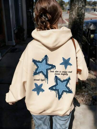 Sudadera con capucha con estampados de letras, estrellas y estilo casual, que se puede usar en primavera y otoño, para compras, escuela, viajes y fiestas, ropa de invierno para adolescentes y niñas