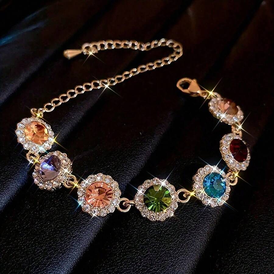 Sparkling Round Colored Rhinestone-Inlaid Bracelet - Women's Zinc Alloy Jewelry, Elegant Luxury StyleWoimen's Daily Ware GiftsDaily Ware Best Gift For Friends And Family - 金色 - 查看 1