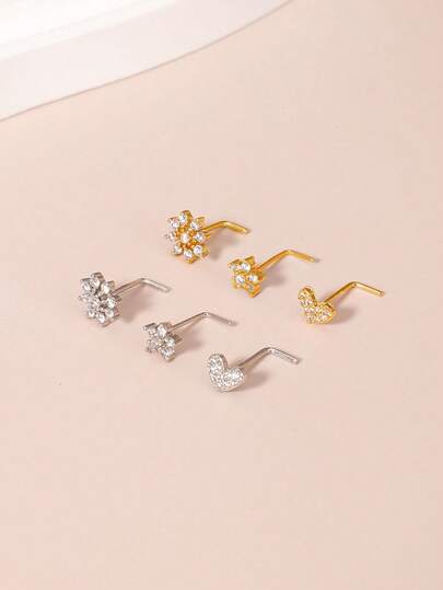 Conjunto de 3 peças de piercings nasais femininos banhados a ouro 14K em formato de flor, piercings nasais em formato de coração e flor com zircônia cúbica brilhante AAA, pinos de bola e argolas de osso de 20g