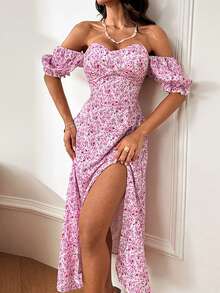 Vestido de Verão WOWDARK, Vestido de Festa com Decote Nas Costas, Manga Bufante, Estampa Floral Rosa e Bainha Dividida, Vestido Elegante Adequado para Dia dos Namorados, Encontros, Reuniões, Festas, Viagens, Férias, Casamento na Praia na Primavera - Rosa chiclete - Visão 4
