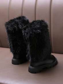 1 Pair Black Tall Snow Boots For Girls, Soft & Comfortable Rabbit Fur PU Fabric Plush Lining, Back Zipper Design Round Toe Soft Sole, Fashion High-Top Boots Suitable For 3-12 Years Old Female Students, Party, Performance, Campus, Skiing, Autumn/Winter New - Black - View 5