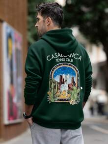 Men's Cactus Desert Graphic Print Fleece Hoodie, Fashionable Street Style For Autumn/Winter, Long Sleeve Top - Green - View 2