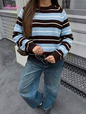 Christmas HoloChill Women Young Influencer Casual Style Colorblock Striped Crew Neck Pullover Knit Sweater, Autumn/Winter 2025