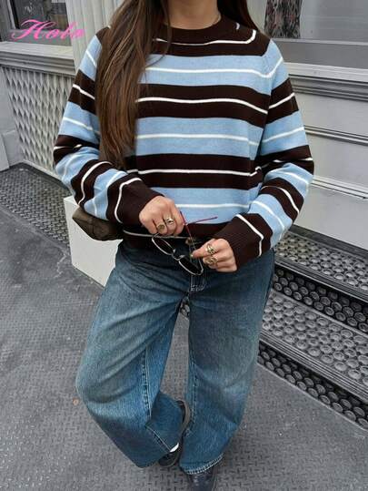 Christmas HoloChill Women Young Influencer Casual Style Colorblock Striped Crew Neck Pullover Knit Sweater, Autumn/Winter 2025