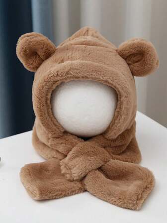 1pc Baby Beanie Scarf Set, Large Brim, Fleece Lined, Windproof, Cute Ear Protection, Winter For Boys & Girls