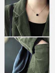 女士复古风蓝色竖条纹软绒宽松秋季西装外套单排扣，版型宽松，修身休闲百搭请买小一码