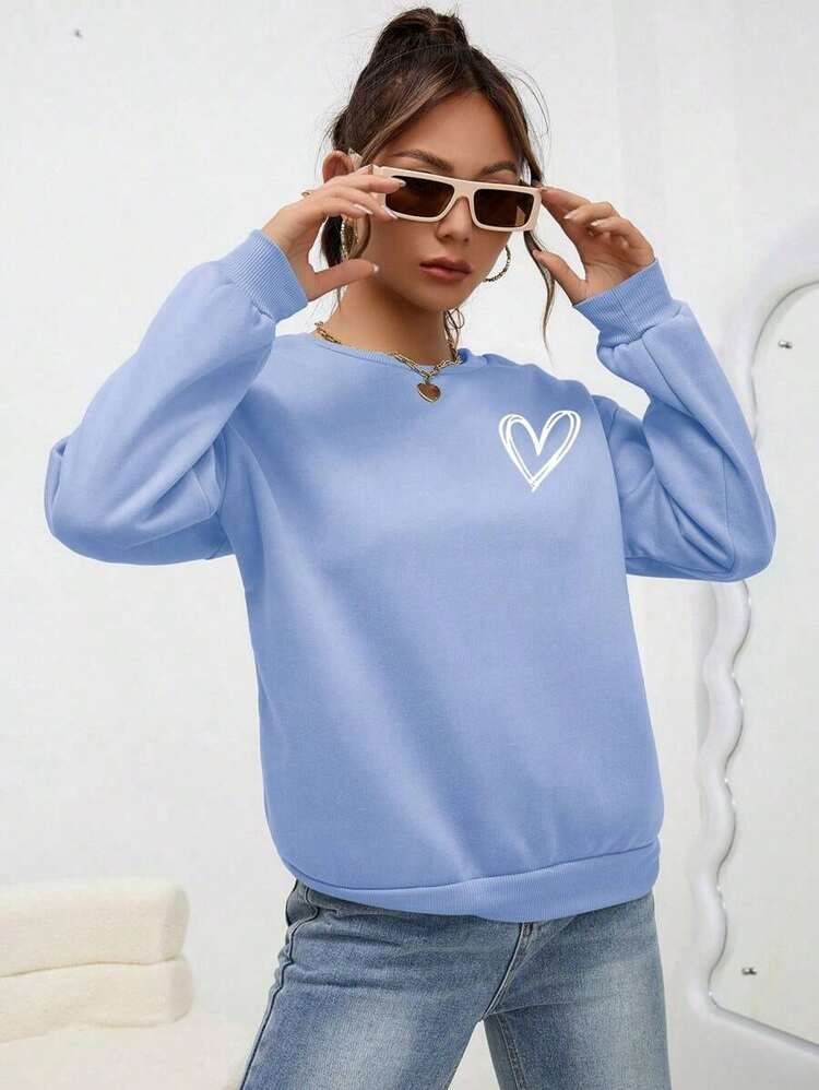 Sweaters For WomenINAWLY Heart Print Drop Shoulder Sweatshirt,Long Sleeve Tops Graduation,Back To School Fits,Graduation,Teacher Fits For Women,Back To School Pullover Fall FitLoose And Comfortablewomen Winter Clothes - 霧霾藍 - 查看 5