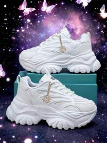 Sporty Front Chunky Sneakers For Women,Colorblock Round Toe Leather Lace-Up Shoes Women Lightweight Breathable Sneakers Women Shoes Anti-Slip Wear-Resistant Outdoor Sports Tennis Shoes Platform Shoes For Women,Comfortable Casual Women Shoes - White - View 3