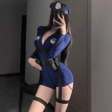 Sexy Lingerie Sexy Policewoman Uniform Temptation Cosplay Role Play Flight Attendant Open Crotch One-Piece Suit - Bộ đồ liền thân + mũ + tất đen + cổ áo - Xem 4