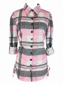 Women's Casual Plaid Cinched Waist Shirt Dress (Non-Printed)