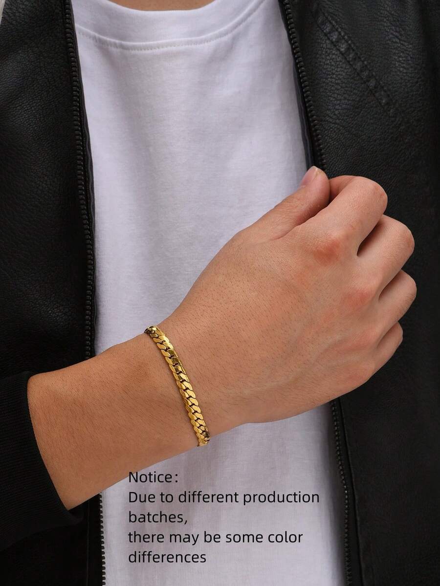 时尚流行男士简约手链不锈钢，可作为珠宝礼物，打造时尚外观 - 金黃色 - 查看 1