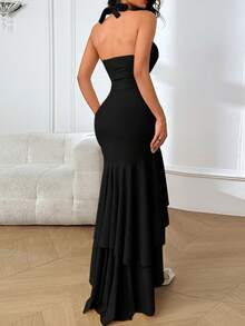 WOWDARK Summer Dress, Black Elegant V-Neck Ruffle Hem Halter Dress For Women, Suitable For Valentine's Day, Dates, Gatherings, Parties, Travel, Vacation, Beach - Black - View 4